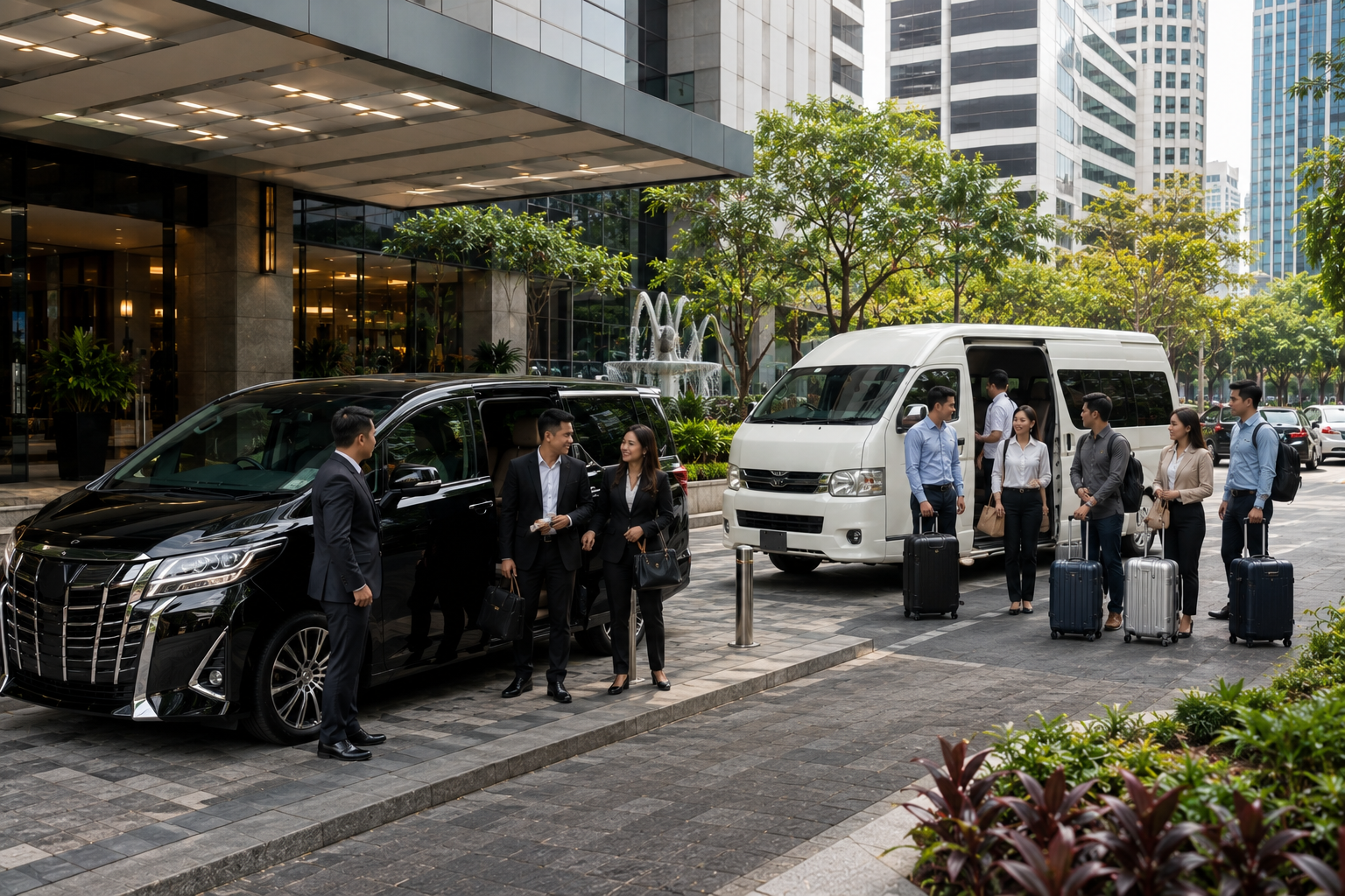 Chauffeur-driven sedan and passenger vans prepared for executives and corporate teams in Metro Manila.