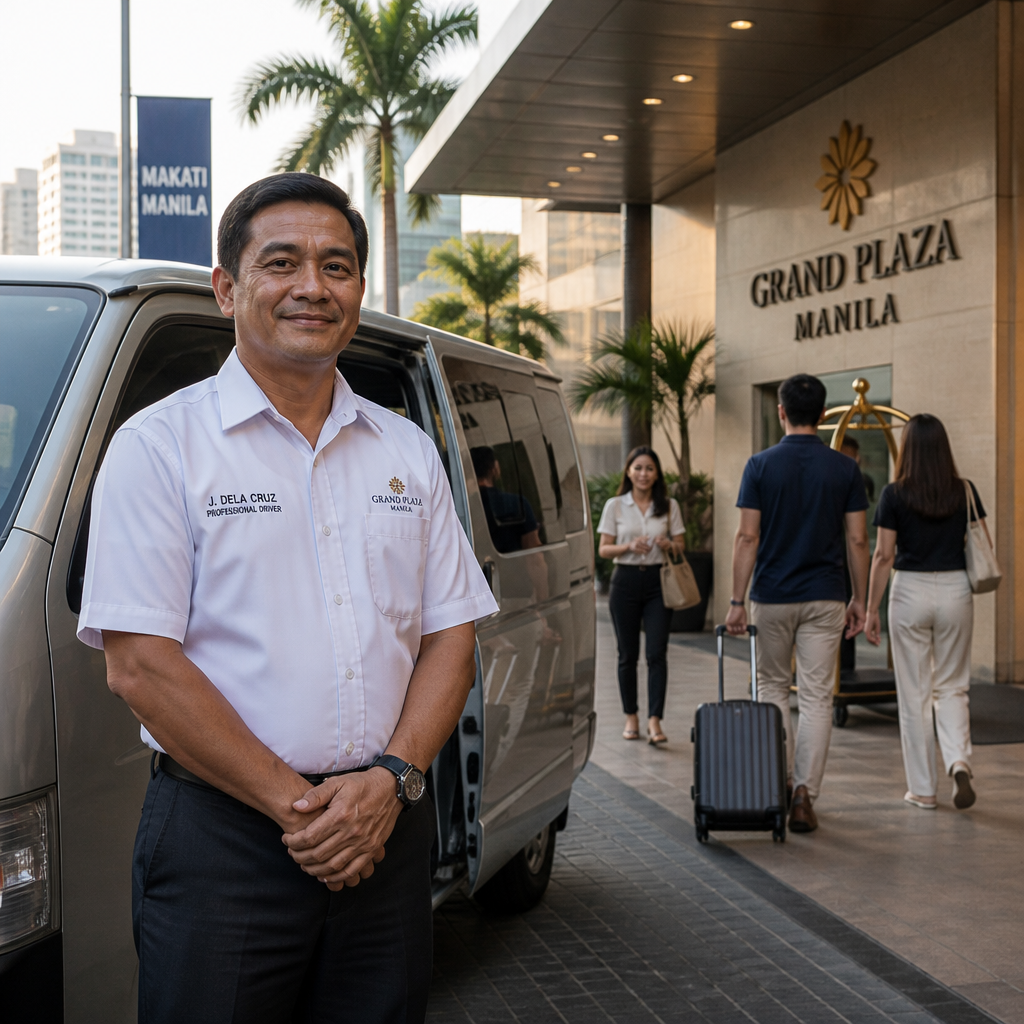 Chauffeur-driven passenger van waiting outside a Metro Manila hotel for a small group with luggage.