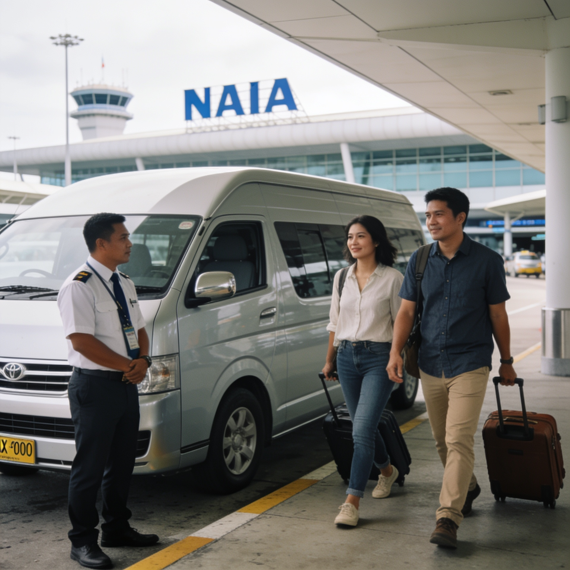 Chauffeur-driven passenger van collecting travellers with luggage outside a NAIA airport terminal.