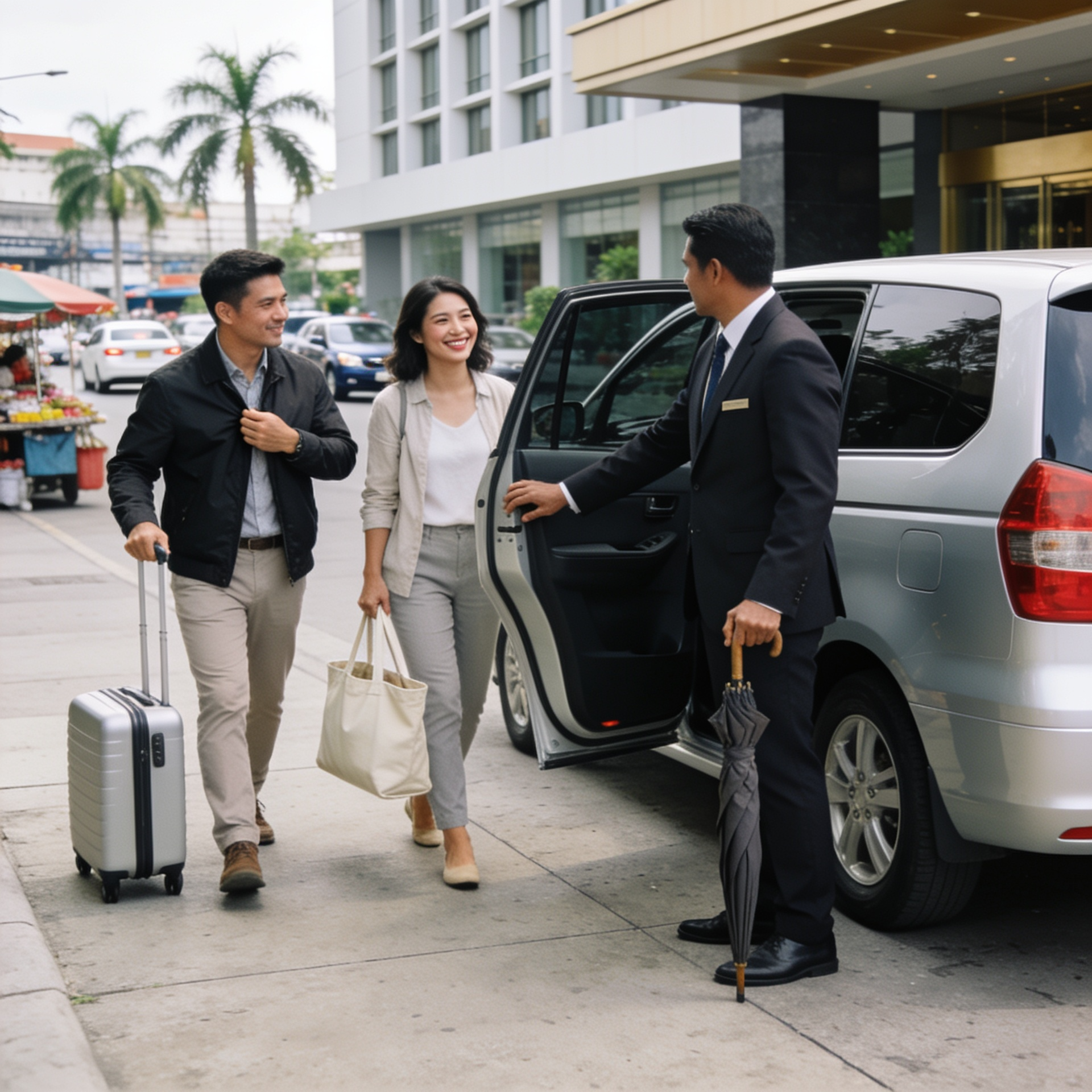 Professional chauffeur opening a passenger vehicle for travellers outside a Metro Manila hotel.
